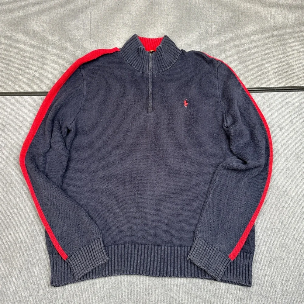 Polo Ralph Lauren Mens XL Quarter Zip Y2k Sweater‎ Navy Blue Red Stripe Cotton